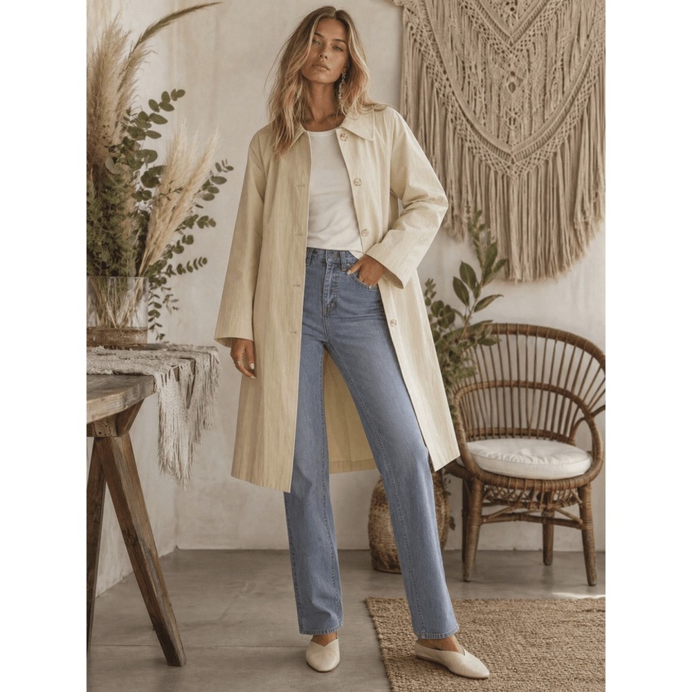 Womens Cream Beige Longline Duster Coat Button Front Textured Lightweight Jacket